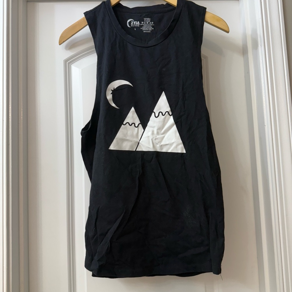Black and White Muscle Tee with Geometric Mountain Design